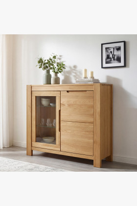 Eiche Kommode mit Glastür und Volltür natur 100x40x100 cm